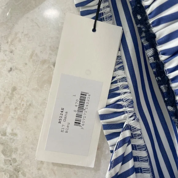 NWT SANDRO Dress Blue White Striped Cotton Lace Back "Gana" - Picture 10 of 13